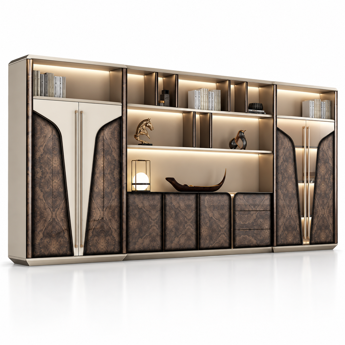 Luxury Office Back Storage Unit with LED Display Shelves, Fluted Glass Panels, Curved Cabinets and Drawers for Director Cabins
