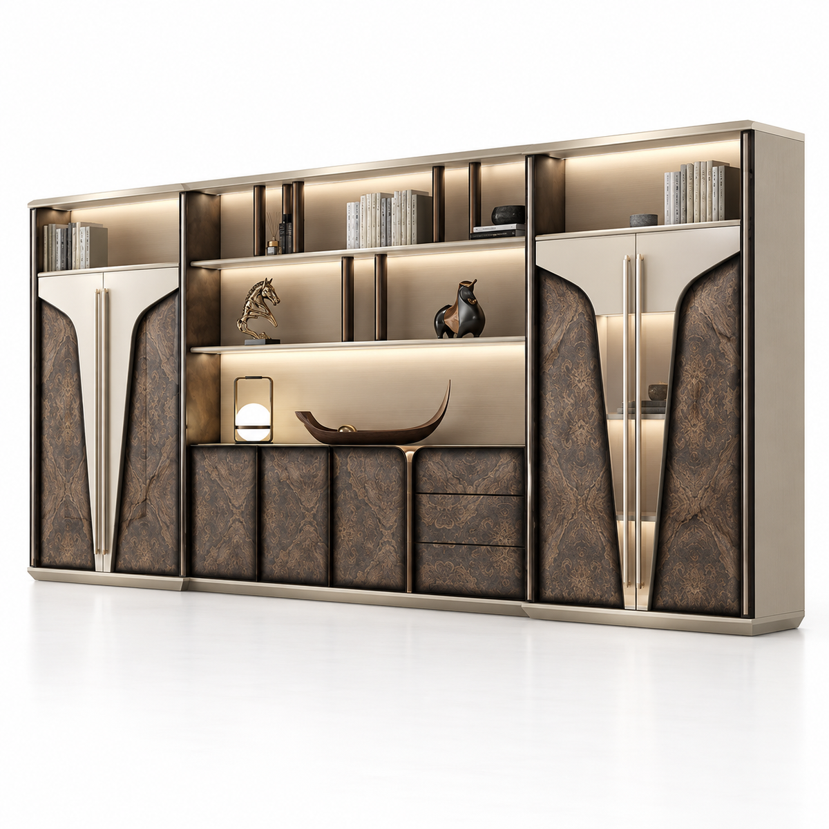 Luxury Office Back Storage Unit with LED Display Shelves, Fluted Glass Panels, Curved Cabinets and Drawers for Director Cabins