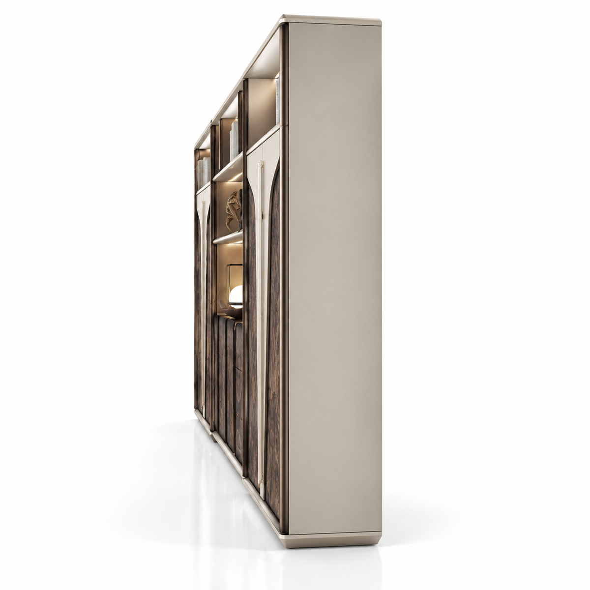 Luxury Office Back Storage Unit with LED Display Shelves, Fluted Glass Panels, Curved Cabinets and Drawers for Director Cabins