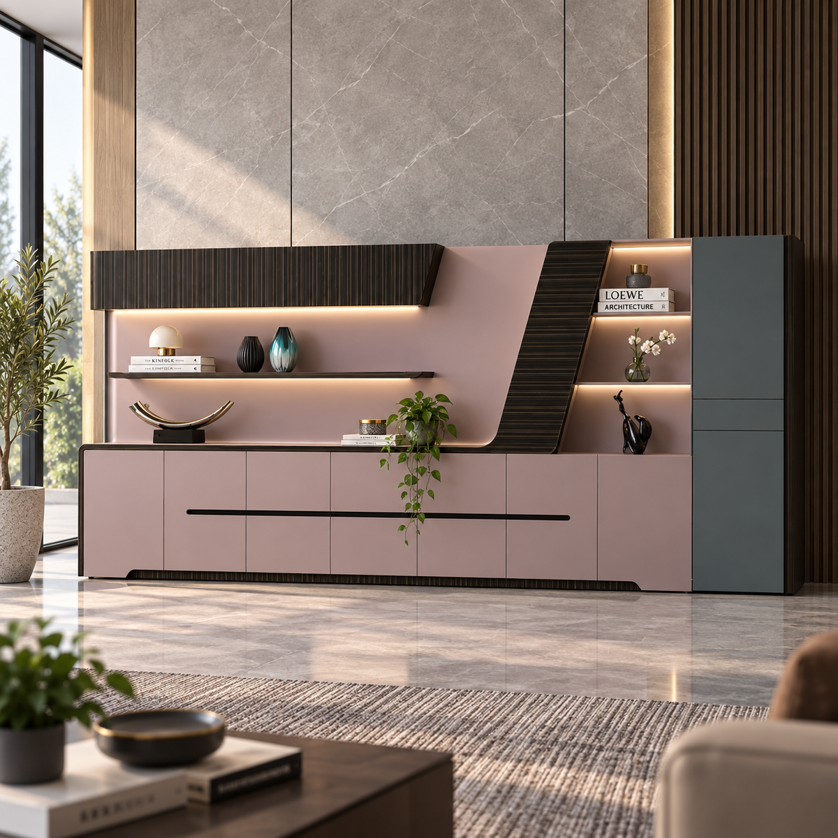 Modern Office Back Storage Unit with Curved Display Shelves, LED Lighting and Closed Cabinets for Director Cabins and Workspaces