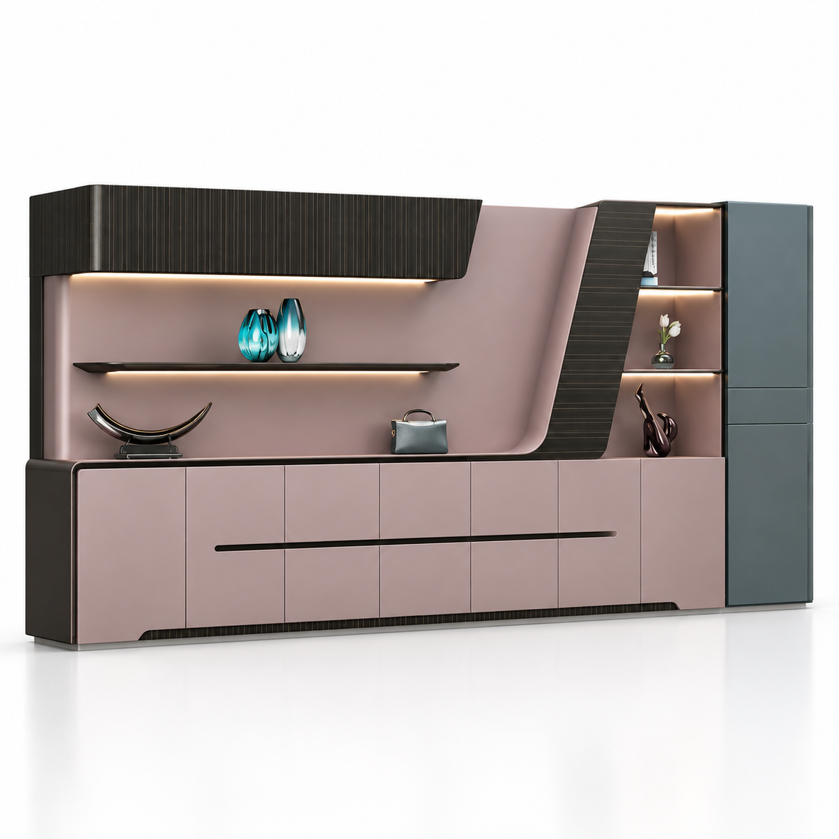 Modern Office Back Storage Unit with Curved Display Shelves, LED Lighting and Closed Cabinets for Director Cabins and Workspaces