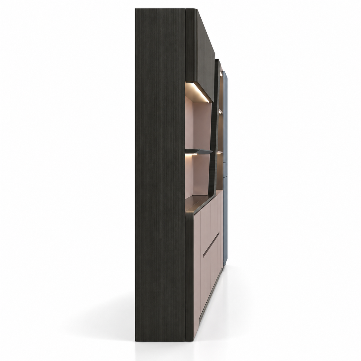 Modern Office Back Storage Unit with Curved Display Shelves, LED Lighting and Closed Cabinets for Director Cabins and Workspaces