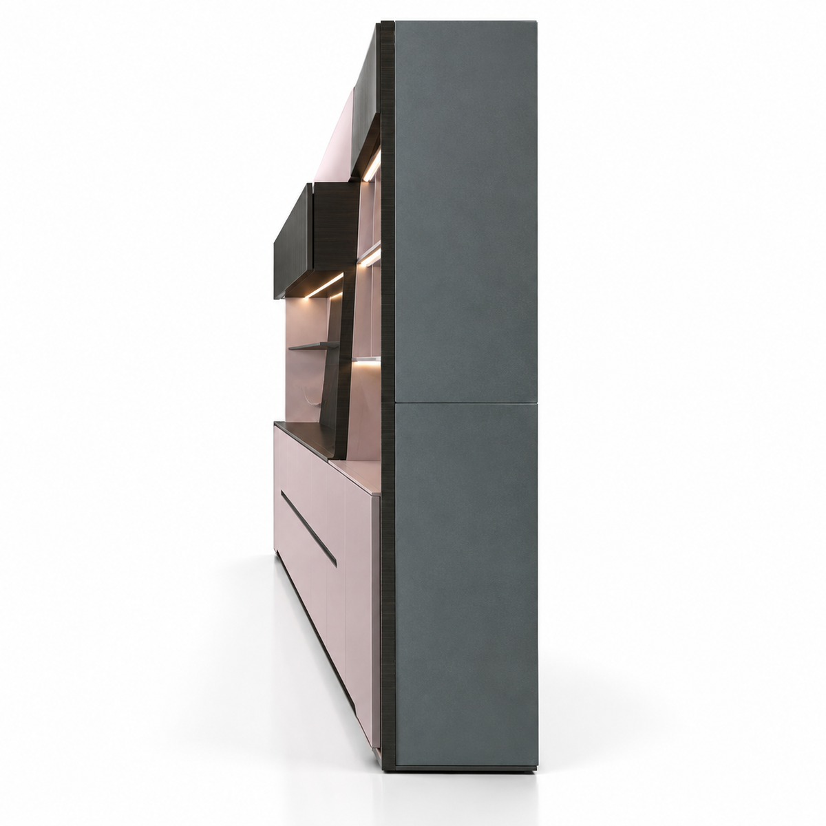 Modern Office Back Storage Unit with Curved Display Shelves, LED Lighting and Closed Cabinets for Director Cabins and Workspaces