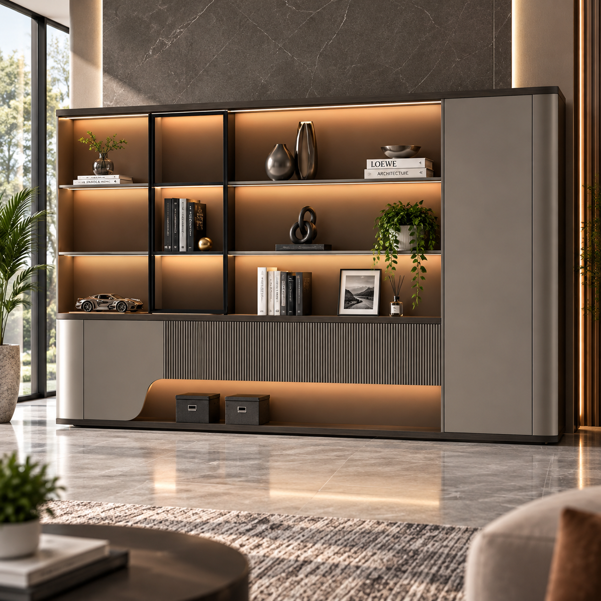 Luxury Office Back Storage Unit with LED Display Shelves, Fluted Panels, Curved Cabinet and Closed Storage for Director Cabins