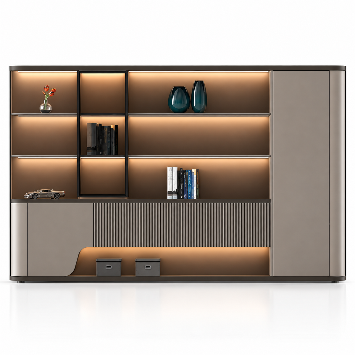 Luxury Office Back Storage Unit with LED Display Shelves, Fluted Panels, Curved Cabinet and Closed Storage for Director Cabins