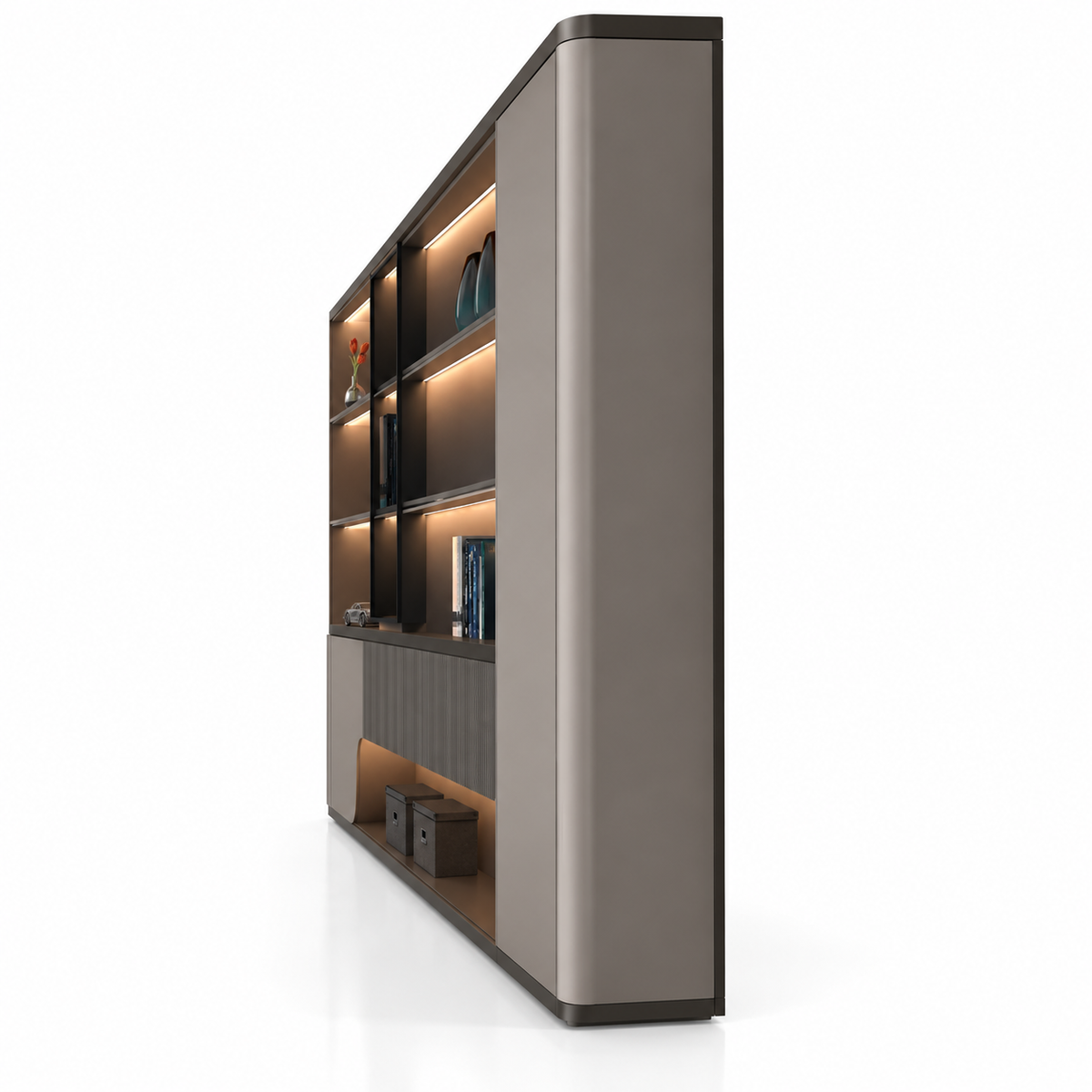 Luxury Office Back Storage Unit with LED Display Shelves, Fluted Panels, Curved Cabinet and Closed Storage for Director Cabins