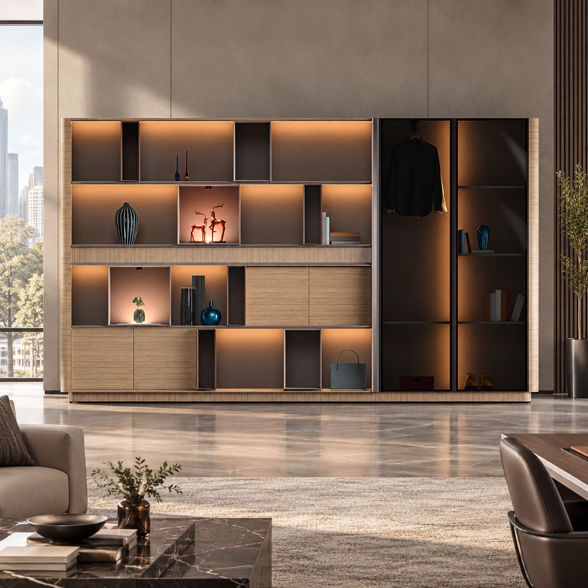 Contemporary Office Back Unit Cabinet with Illuminated Display Niches, Concealed Storage and Tall Glass-Front Wardrobe for Workspaces