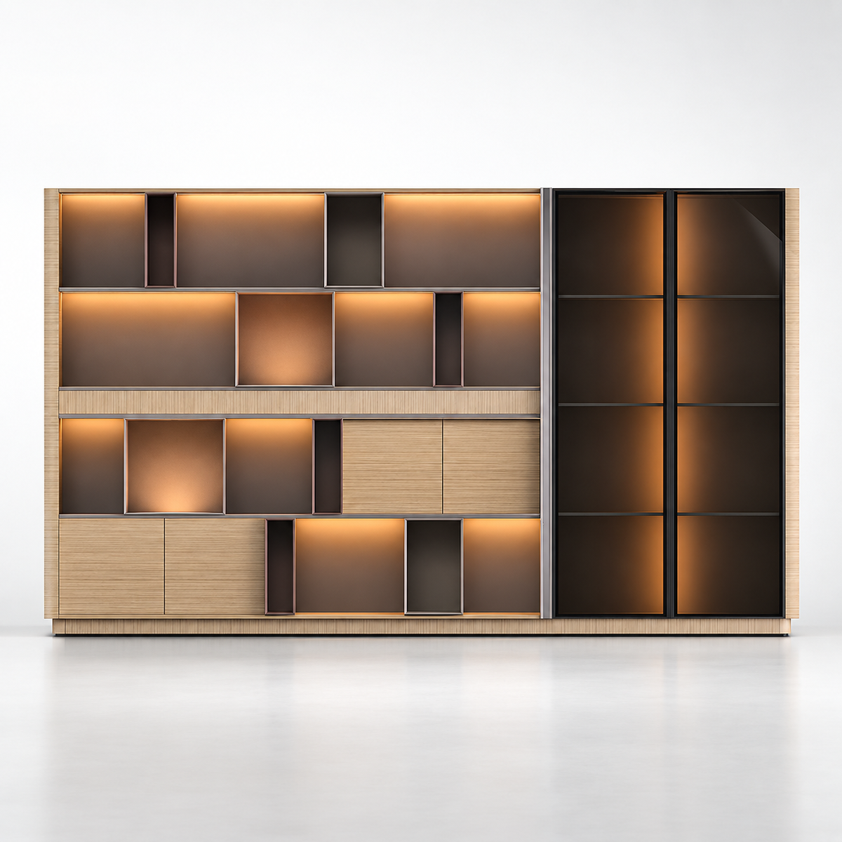 Contemporary Office Back Unit Cabinet with Illuminated Display Niches, Concealed Storage and Tall Glass-Front Wardrobe for Workspaces