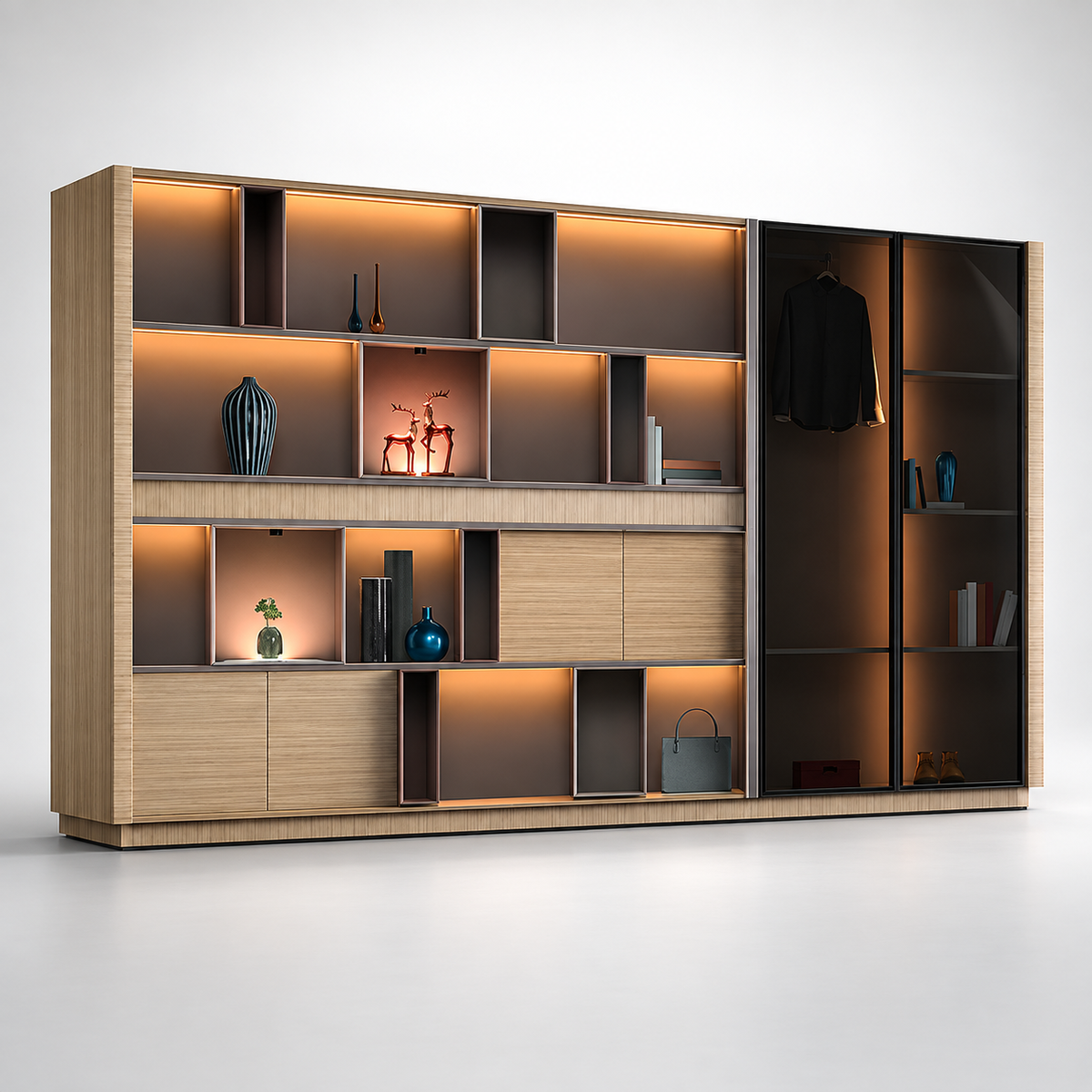 Contemporary Office Back Unit Cabinet with Illuminated Display Niches, Concealed Storage and Tall Glass-Front Wardrobe for Workspaces