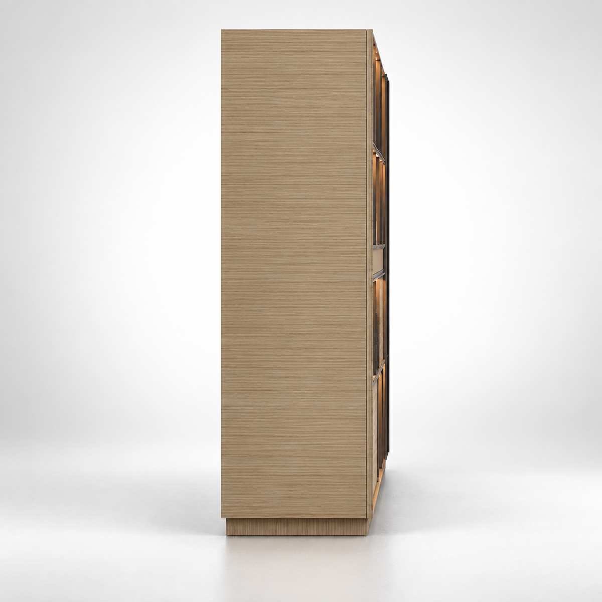 Contemporary Office Back Unit Cabinet with Illuminated Display Niches, Concealed Storage and Tall Glass-Front Wardrobe for Workspaces
