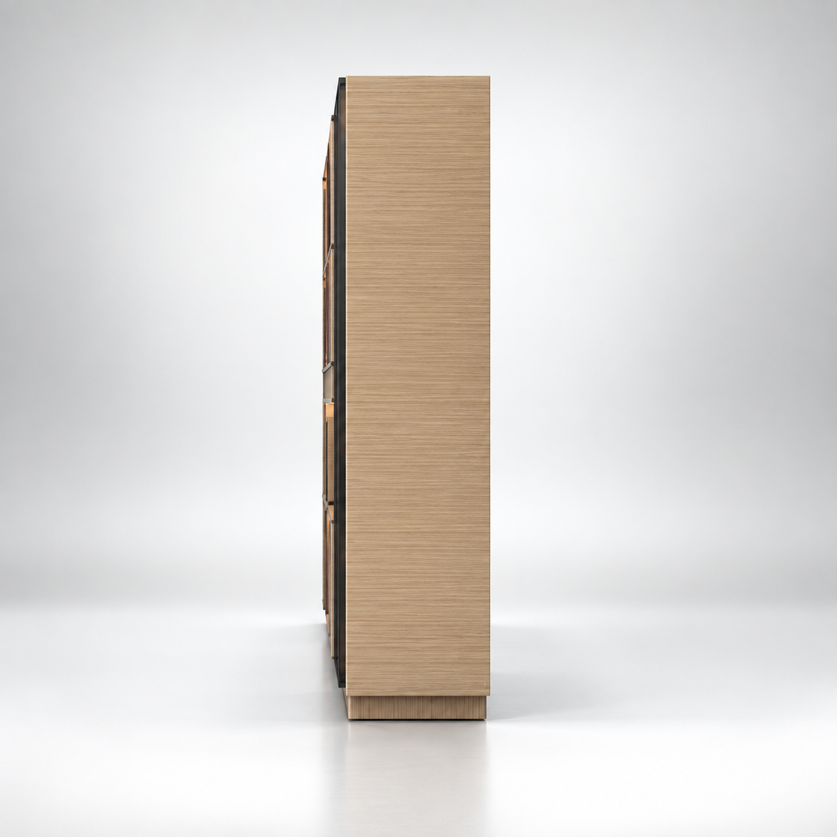 Contemporary Office Back Unit Cabinet with Illuminated Display Niches, Concealed Storage and Tall Glass-Front Wardrobe for Workspaces