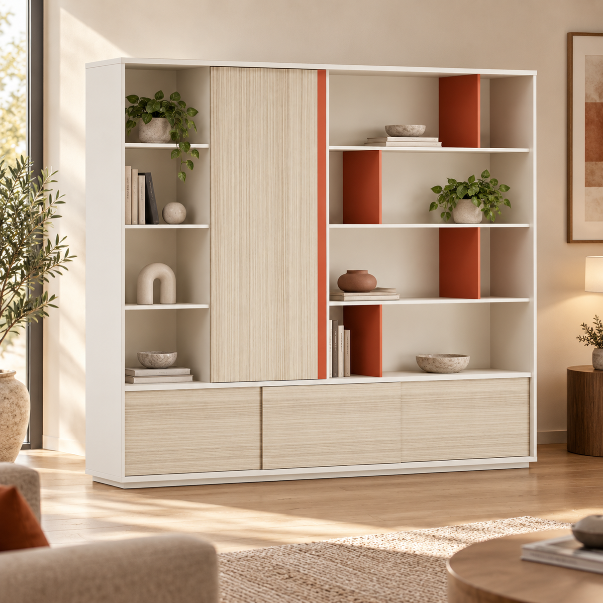 Contemporary Office Display Cabinet with Sliding Shutter, Open Shelves, Accent Dividers and Concealed Base Storage for Workspaces