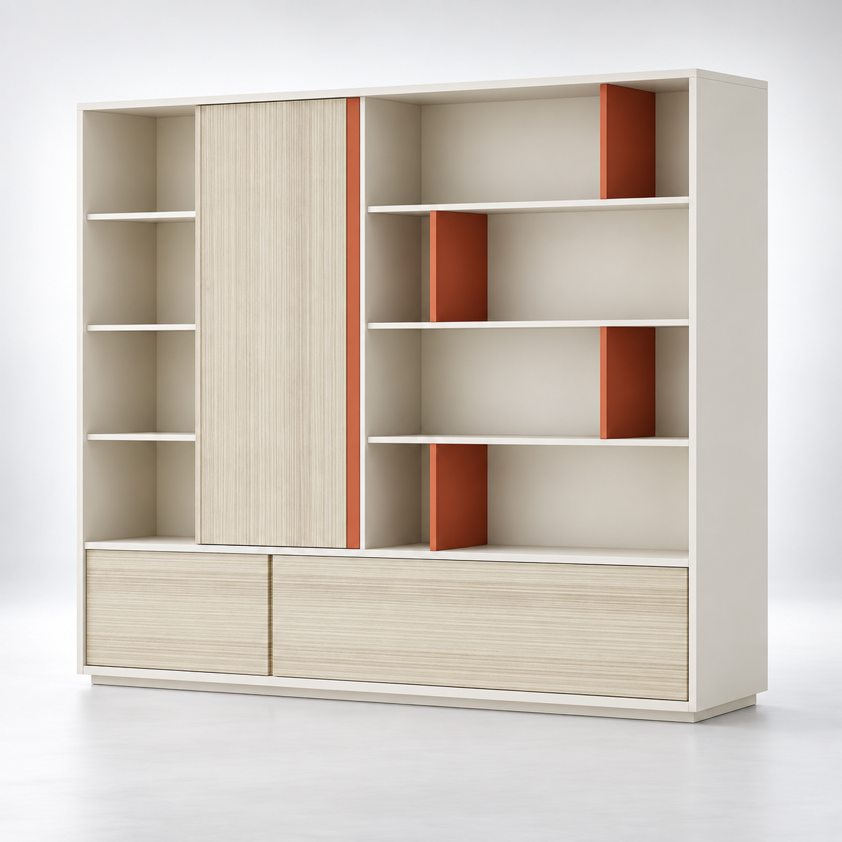 Contemporary Office Display Cabinet with Sliding Shutter, Open Shelves, Accent Dividers and Concealed Base Storage for Workspaces