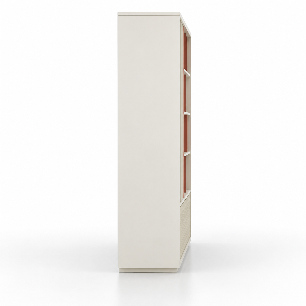Contemporary Office Display Cabinet with Sliding Shutter, Open Shelves, Accent Dividers and Concealed Base Storage for Workspaces