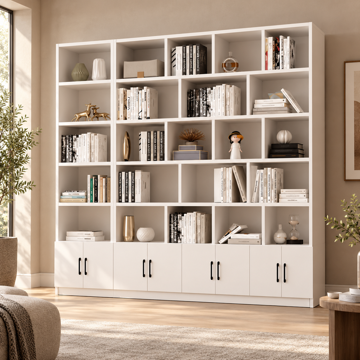Contemporary Floor-to-Ceiling Bookcase with Asymmetrical Open Shelves and Concealed Base Cabinets for Office, Study and Living Spaces