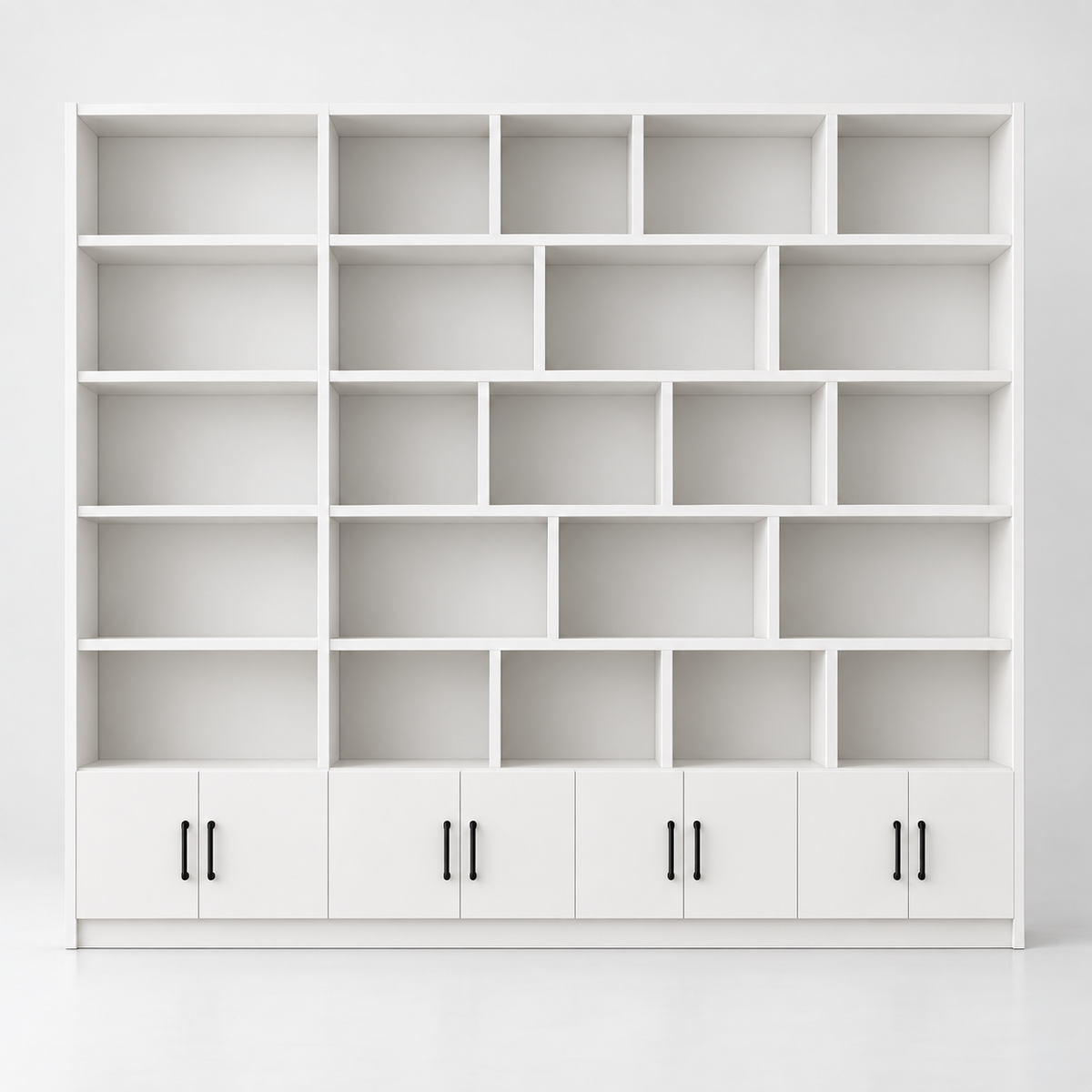 Contemporary Floor-to-Ceiling Bookcase with Asymmetrical Open Shelves and Concealed Base Cabinets for Office, Study and Living Spaces