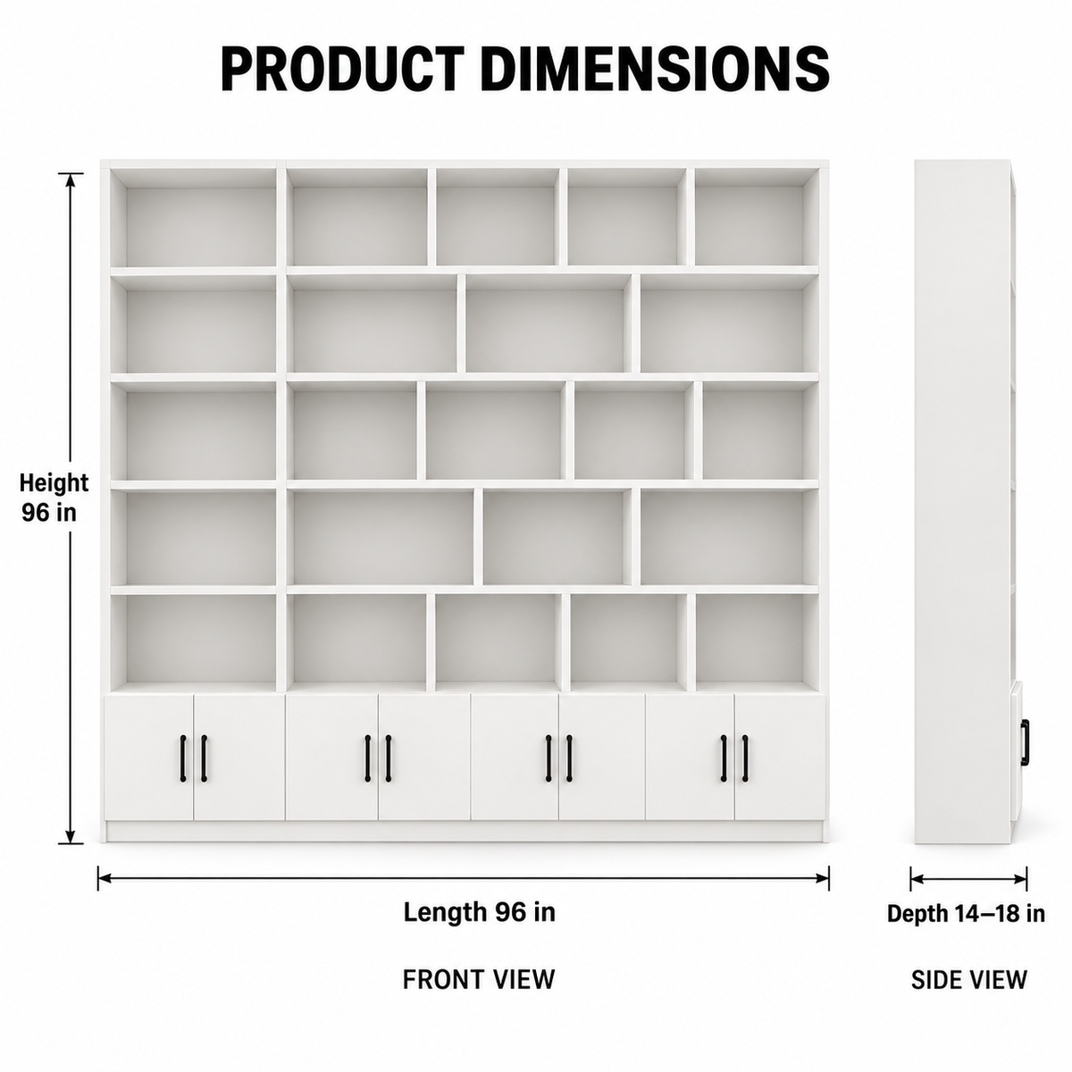 Contemporary Floor-to-Ceiling Bookcase with Asymmetrical Open Shelves and Concealed Base Cabinets for Office, Study and Living Spaces