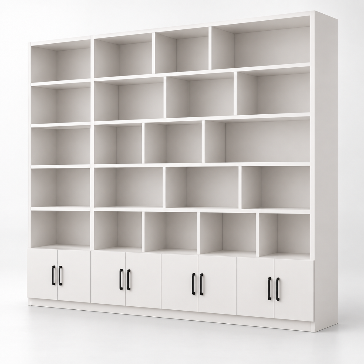Contemporary Floor-to-Ceiling Bookcase with Asymmetrical Open Shelves and Concealed Base Cabinets for Office, Study and Living Spaces