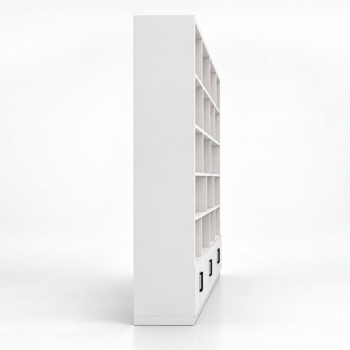 Contemporary Floor-to-Ceiling Bookcase with Asymmetrical Open Shelves and Concealed Base Cabinets for Office, Study and Living Spaces