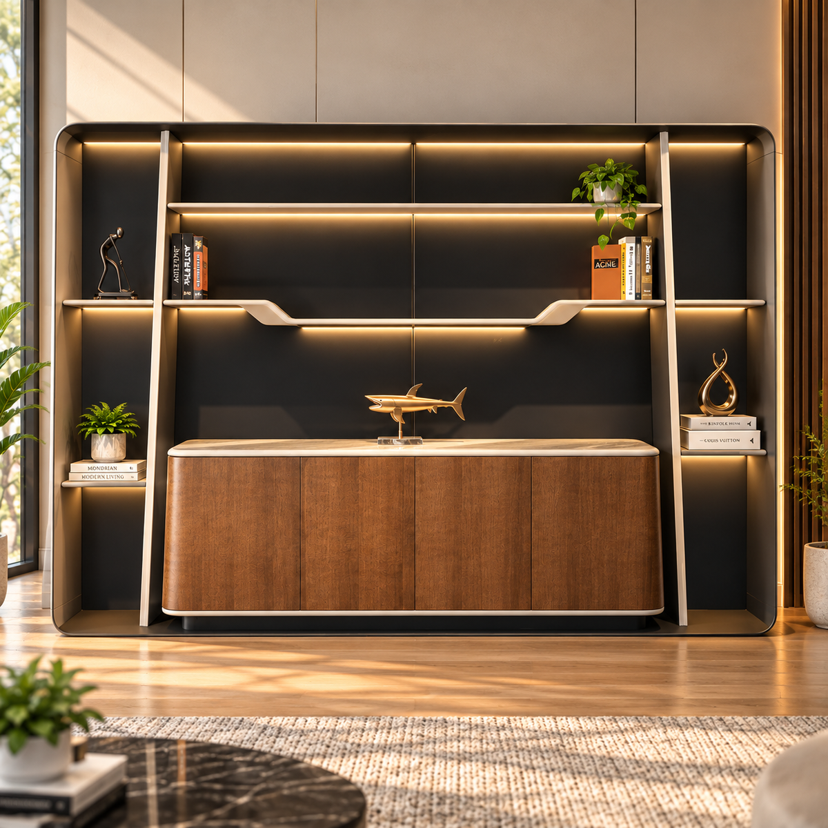 Contemporary Curved Office Storage Cabinet with Illuminated Open Shelves, Closed Storage and Premium Display Design