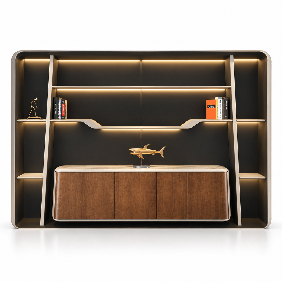 Contemporary Curved Office Storage Cabinet with Illuminated Open Shelves, Closed Storage and Premium Display Design