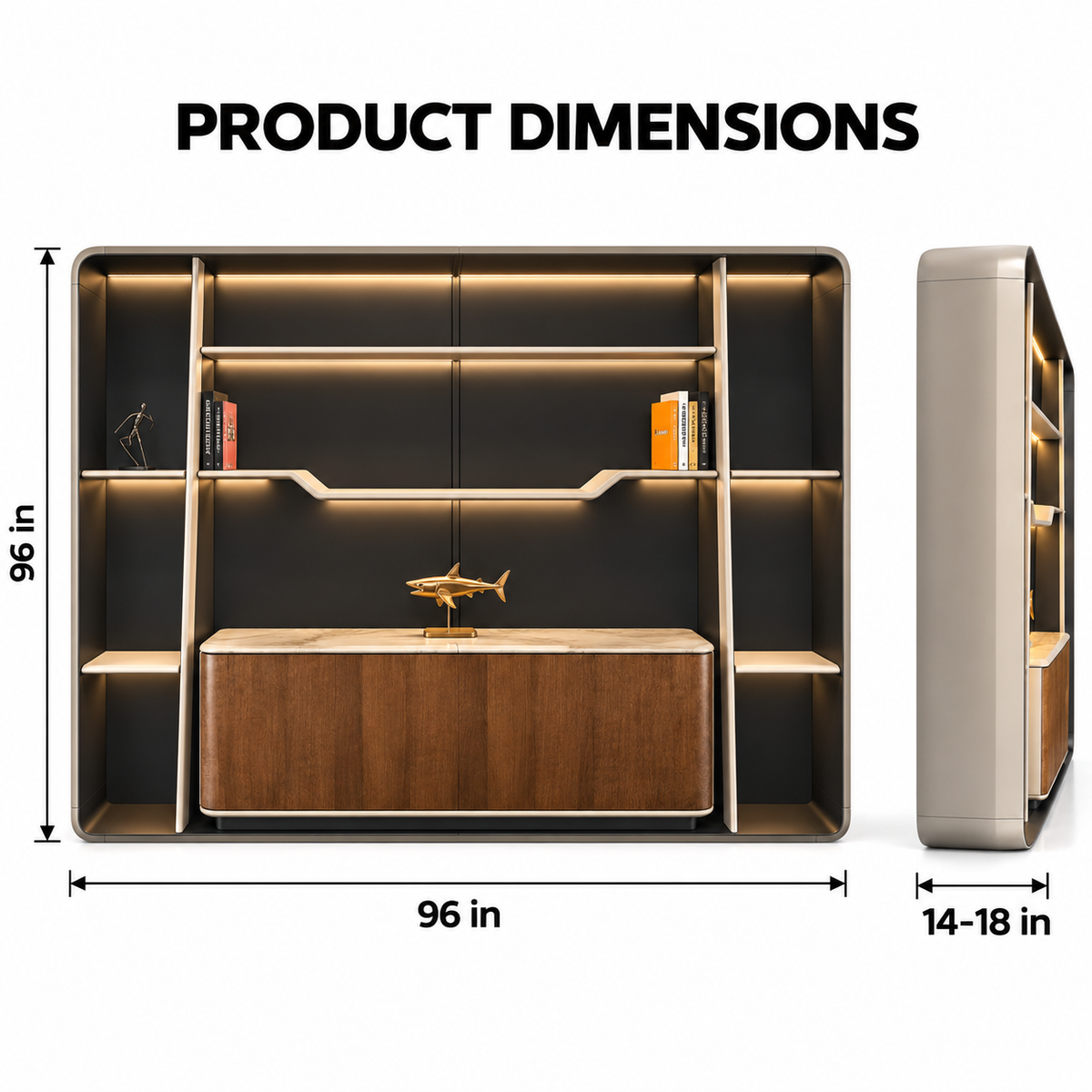 Contemporary Curved Office Storage Cabinet with Illuminated Open Shelves, Closed Storage and Premium Display Design