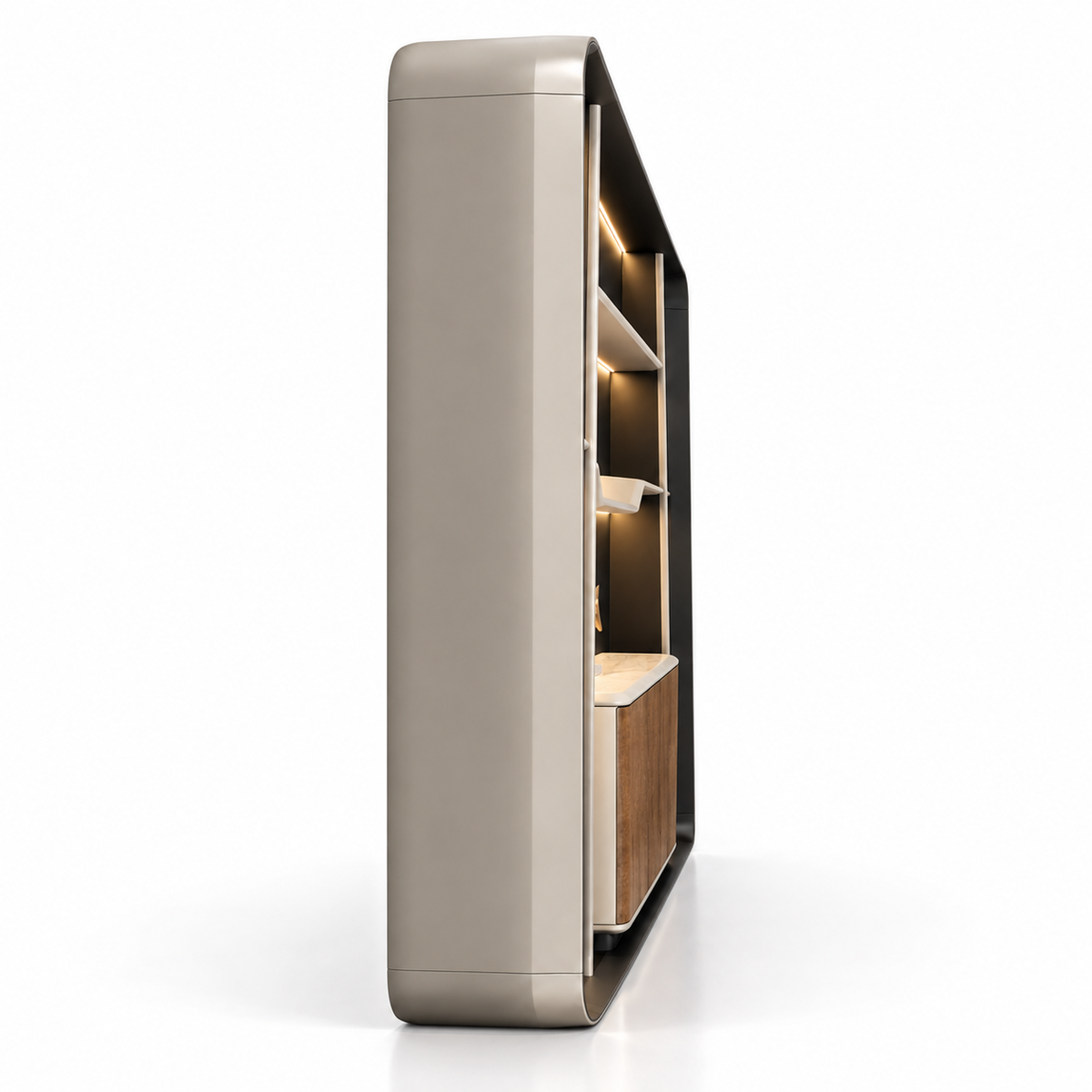 Contemporary Curved Office Storage Cabinet with Illuminated Open Shelves, Closed Storage and Premium Display Design