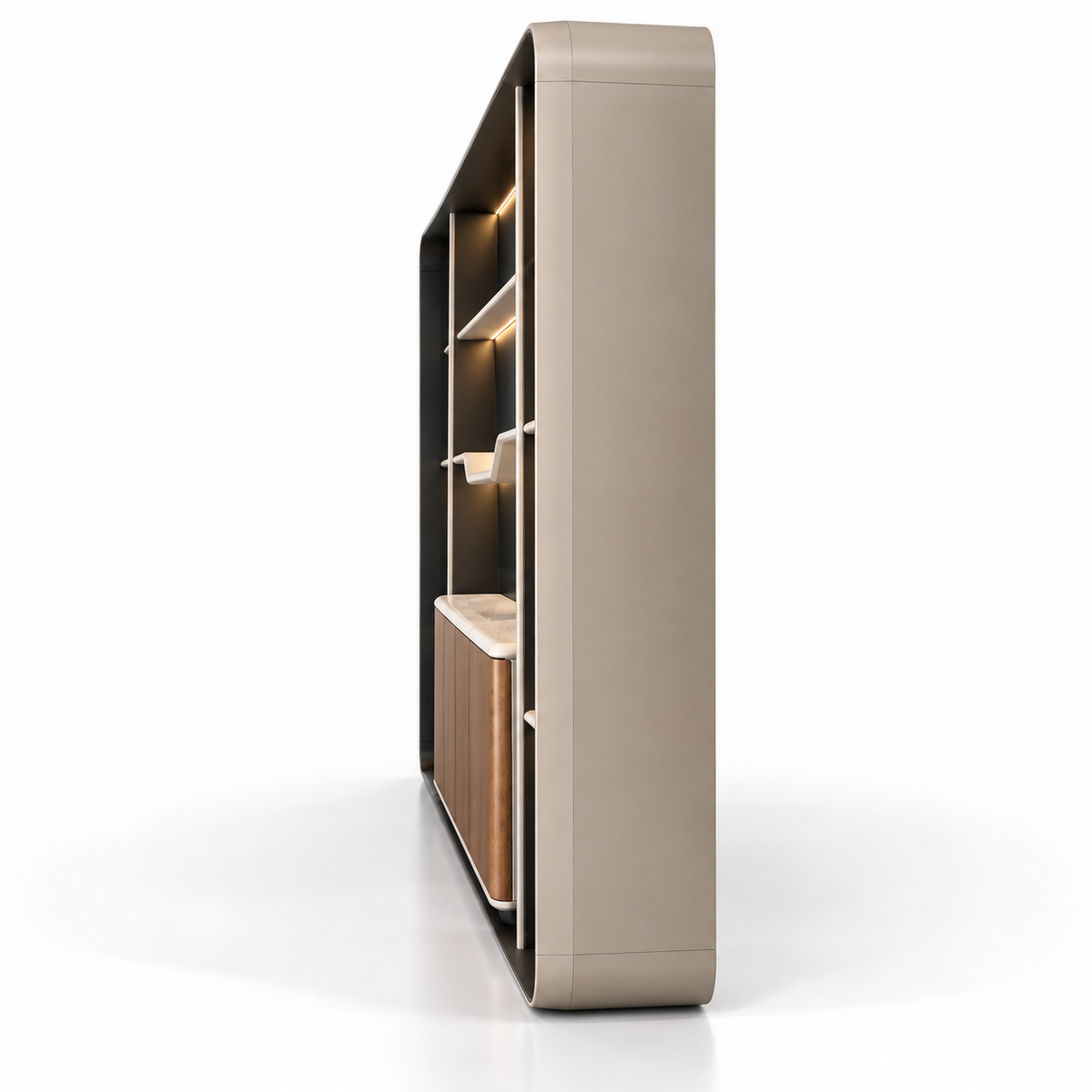 Contemporary Curved Office Storage Cabinet with Illuminated Open Shelves, Closed Storage and Premium Display Design