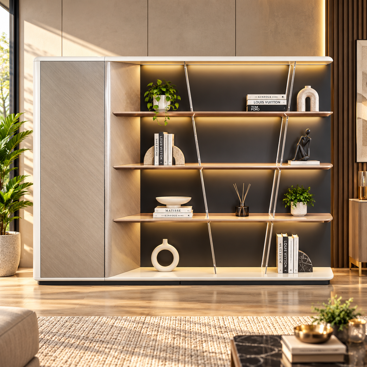 Contemporary Display Storage Cabinet with Illuminated Open Shelves, Concealed Side Storage and Elegant Curved Edge Design