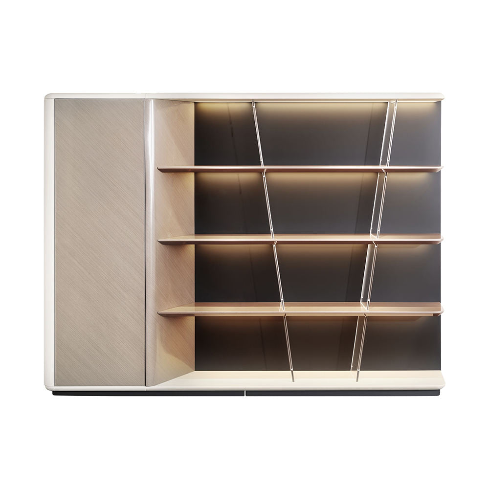 Contemporary Display Storage Cabinet with Illuminated Open Shelves, Concealed Side Storage and Elegant Curved Edge Design