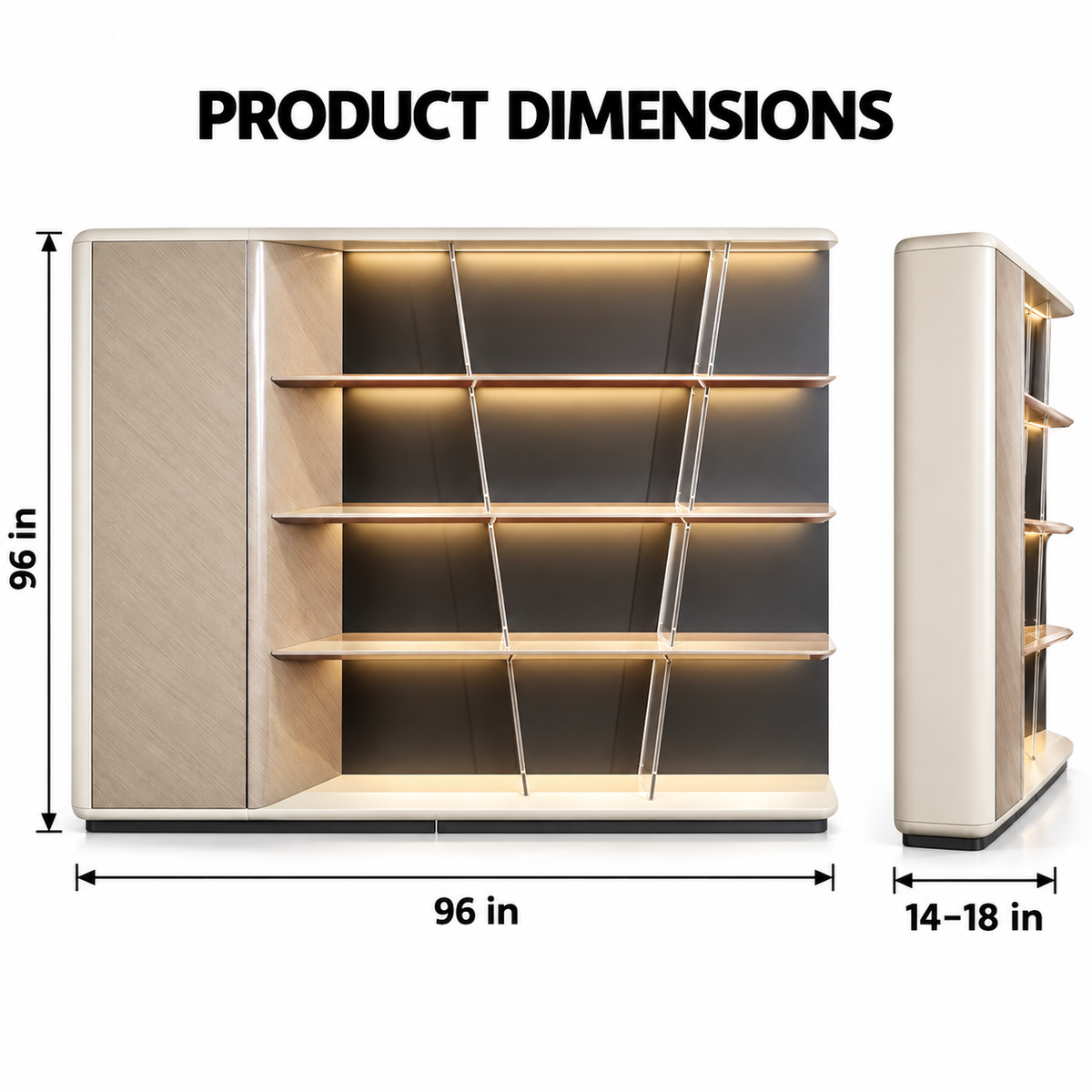 Contemporary Display Storage Cabinet with Illuminated Open Shelves, Concealed Side Storage and Elegant Curved Edge Design