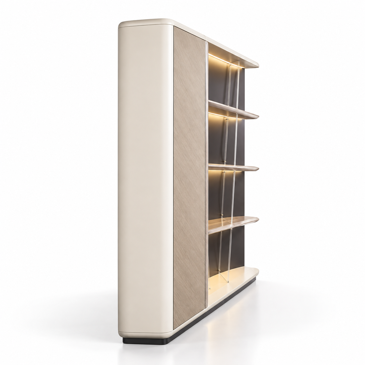 Contemporary Display Storage Cabinet with Illuminated Open Shelves, Concealed Side Storage and Elegant Curved Edge Design