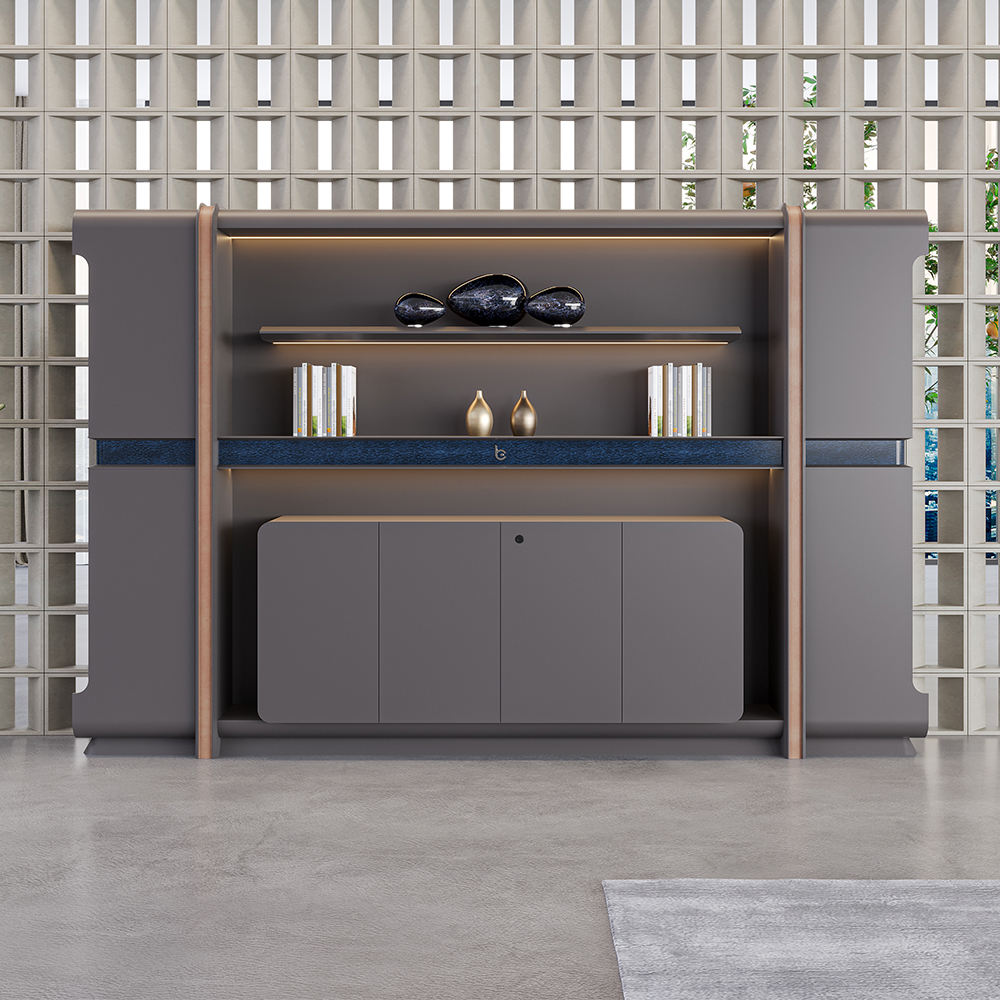 Premium Office Display Cabinet with Illuminated Floating Shelves, Concealed Storage and Elegant Framed Architectural Design