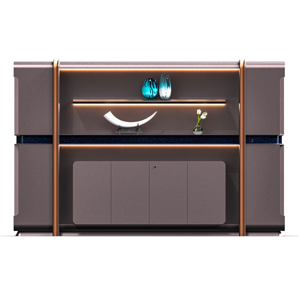 Premium Office Display Cabinet with Illuminated Floating Shelves, Concealed Storage and Elegant Framed Architectural Design