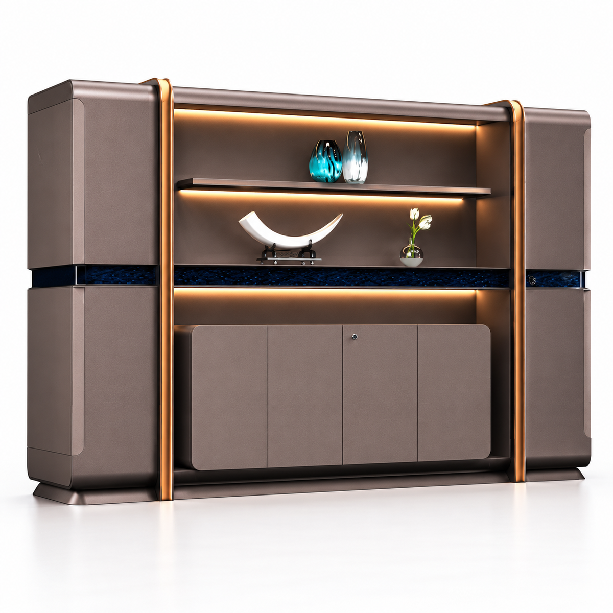 Premium Office Display Cabinet with Illuminated Floating Shelves, Concealed Storage and Elegant Framed Architectural Design