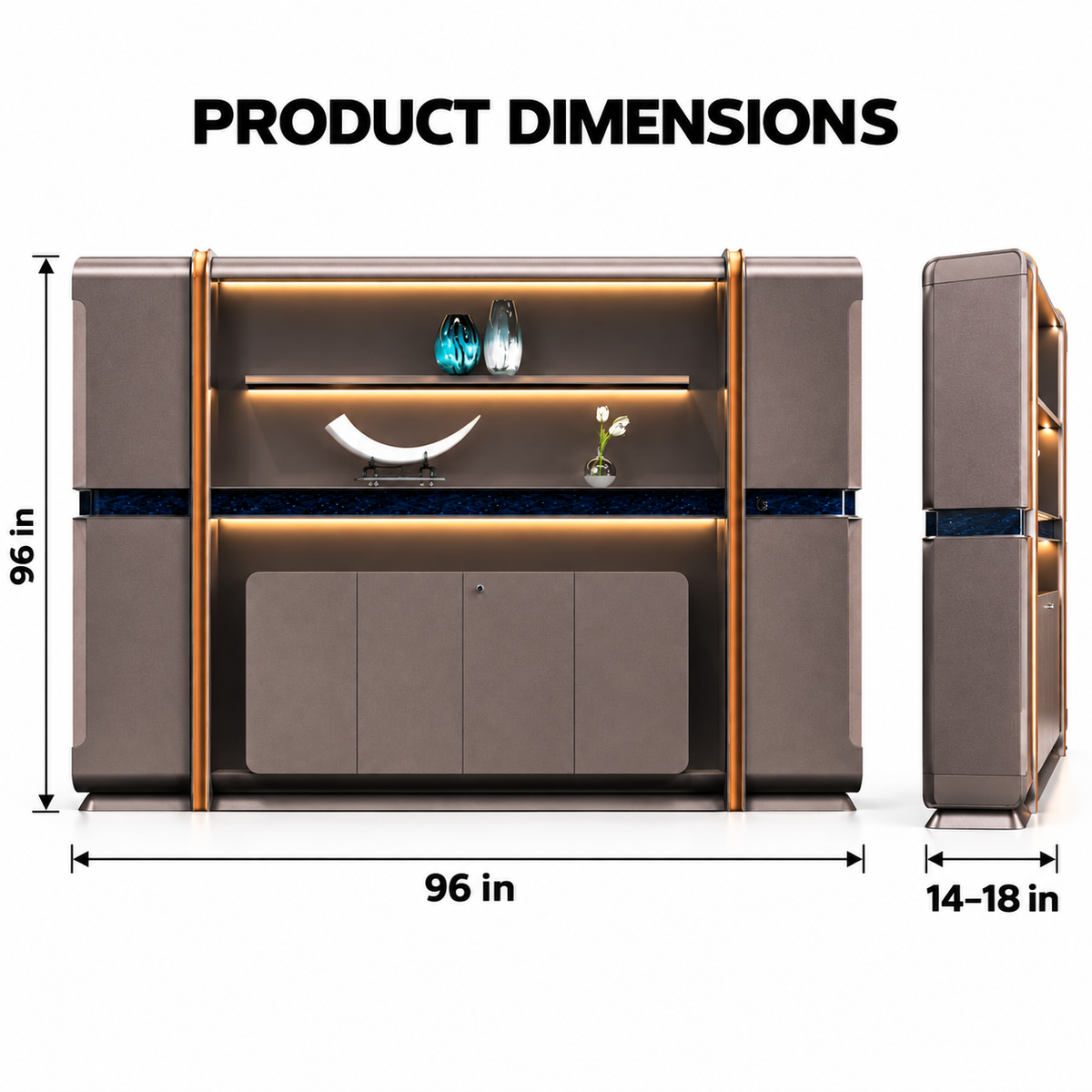 Premium Office Display Cabinet with Illuminated Floating Shelves, Concealed Storage and Elegant Framed Architectural Design