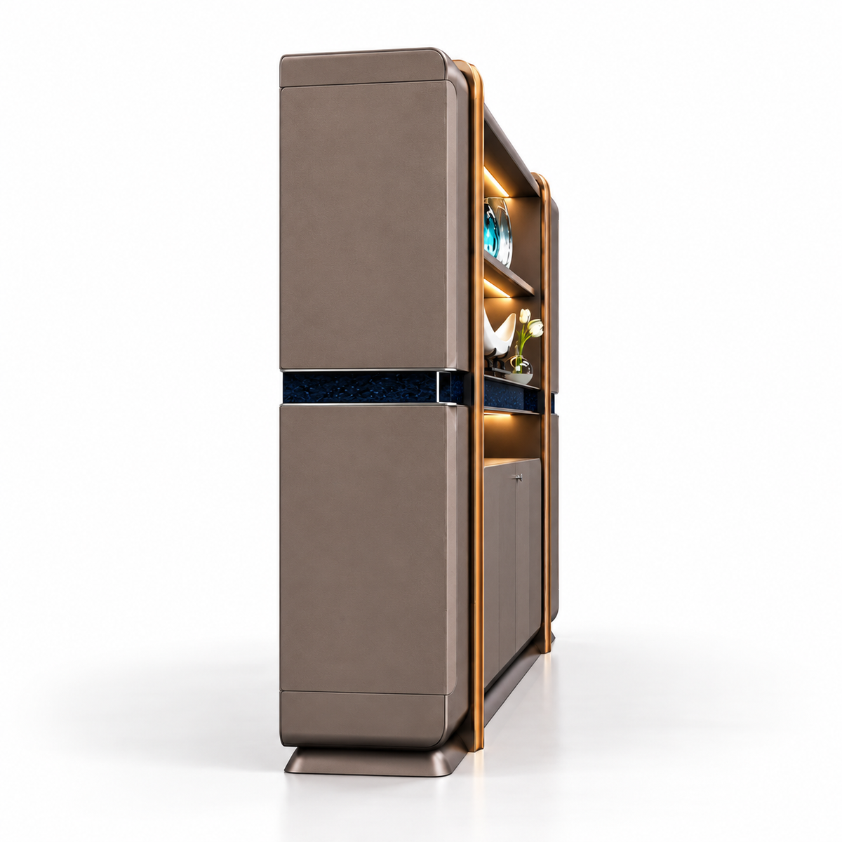 Premium Office Display Cabinet with Illuminated Floating Shelves, Concealed Storage and Elegant Framed Architectural Design
