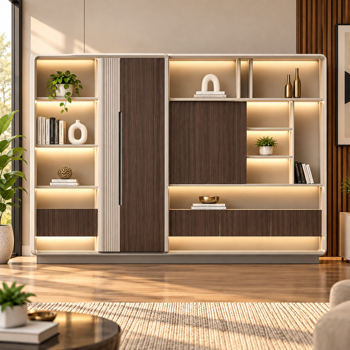 Modern Architectural Office Storage Cabinet with Illuminated Display Shelves, Concealed Compartments and Curved Frame Design