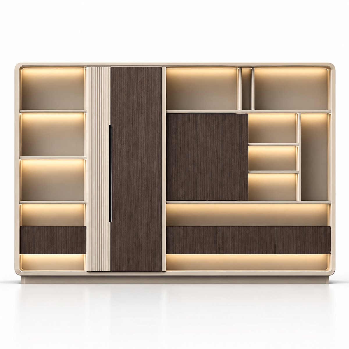 Modern Architectural Office Storage Cabinet with Illuminated Display Shelves, Concealed Compartments and Curved Frame Design