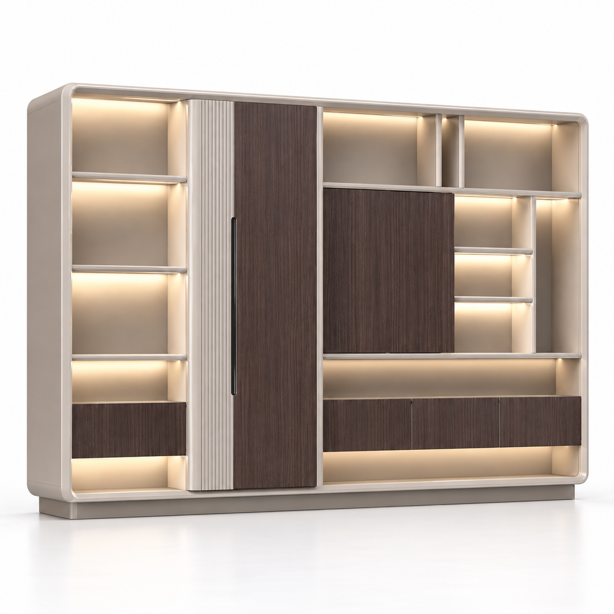 Modern Architectural Office Storage Cabinet with Illuminated Display Shelves, Concealed Compartments and Curved Frame Design