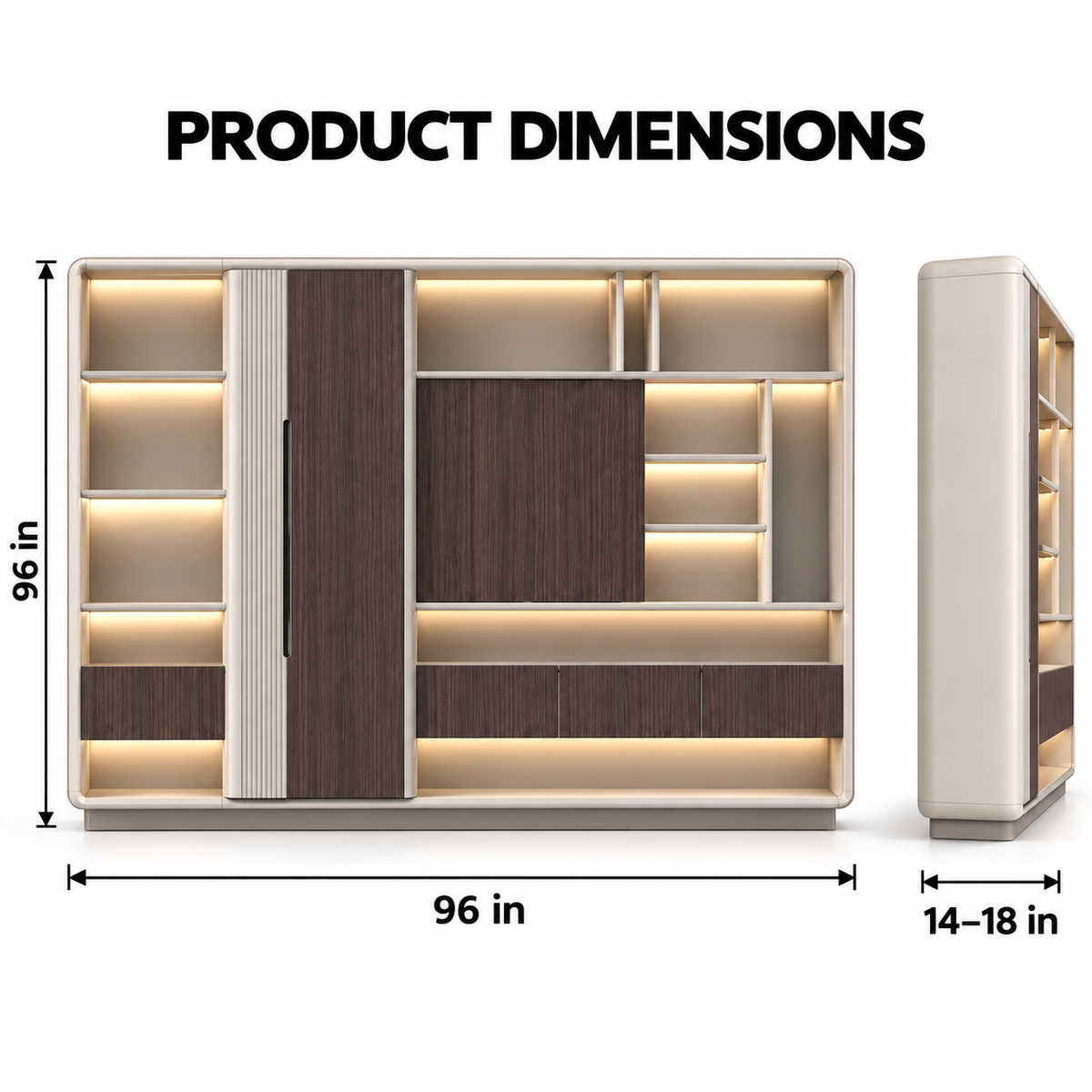 Modern Architectural Office Storage Cabinet with Illuminated Display Shelves, Concealed Compartments and Curved Frame Design