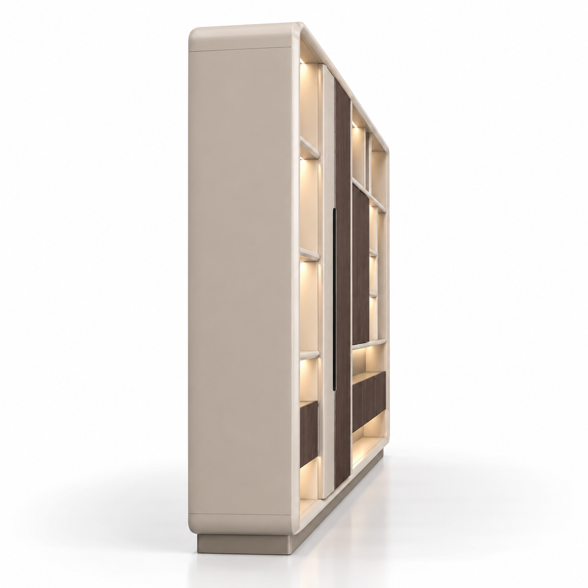 Modern Architectural Office Storage Cabinet with Illuminated Display Shelves, Concealed Compartments and Curved Frame Design