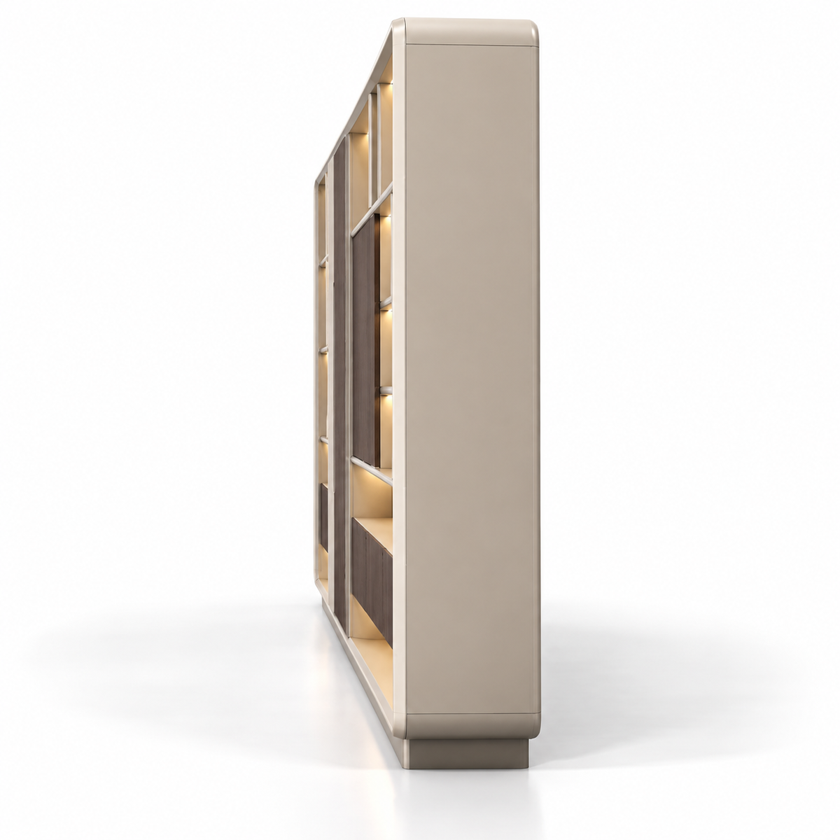 Modern Architectural Office Storage Cabinet with Illuminated Display Shelves, Concealed Compartments and Curved Frame Design