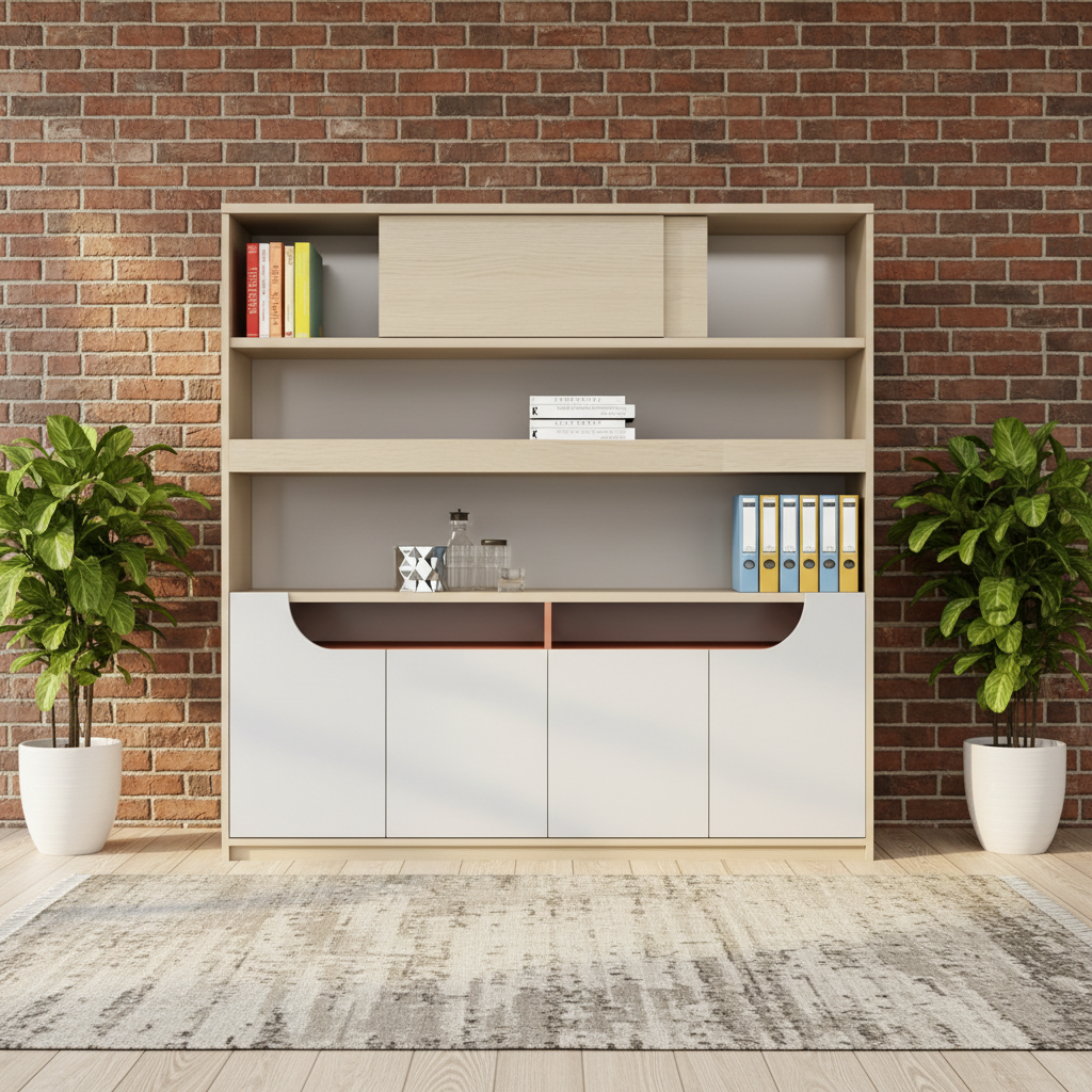 Modern Low-Height Office Display Cabinet with Open Shelves, Concealed Storage and Recessed Accent Niche for Contemporary Workspaces
