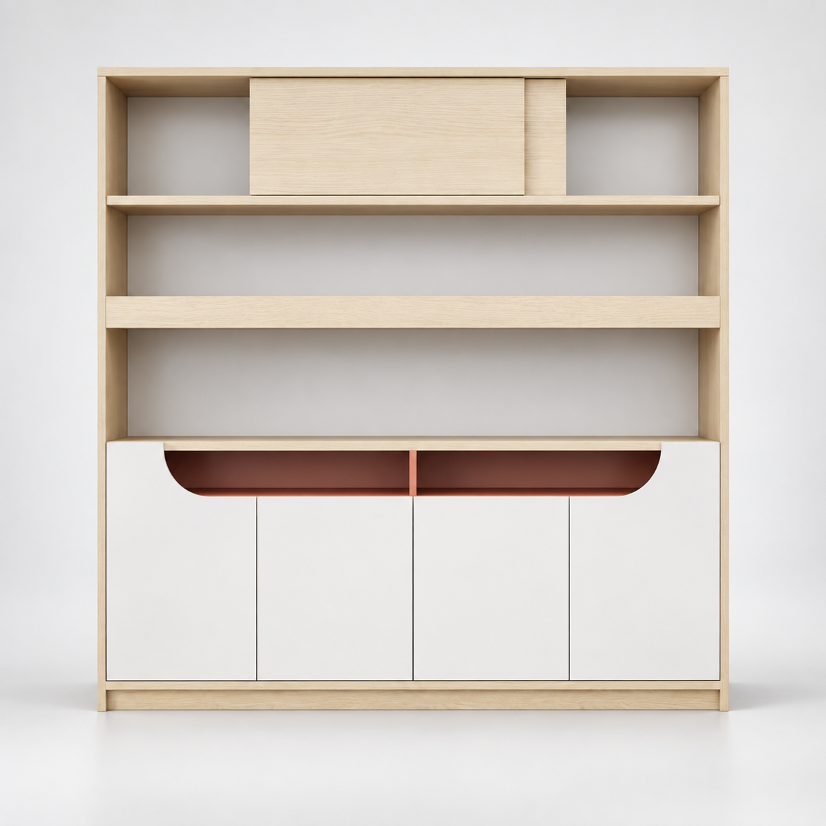 Modern Low-Height Office Display Cabinet with Open Shelves, Concealed Storage and Recessed Accent Niche for Contemporary Workspaces