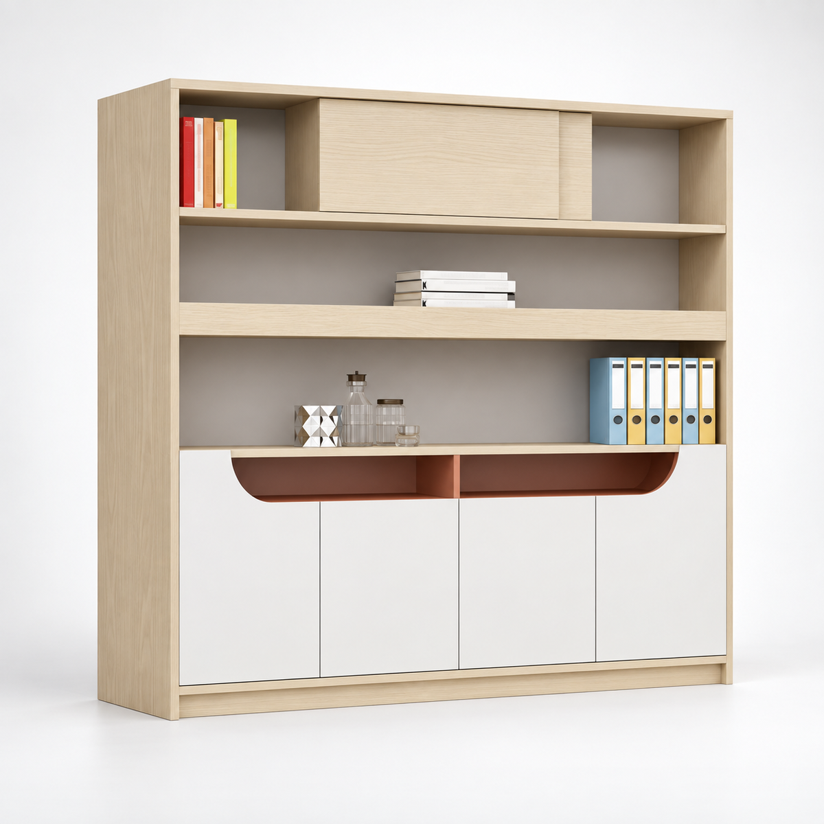 Modern Low-Height Office Display Cabinet with Open Shelves, Concealed Storage and Recessed Accent Niche for Contemporary Workspaces