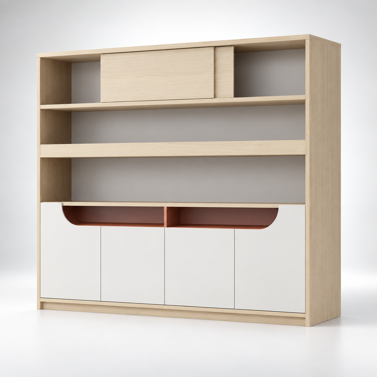 Modern Low-Height Office Display Cabinet with Open Shelves, Concealed Storage and Recessed Accent Niche for Contemporary Workspaces