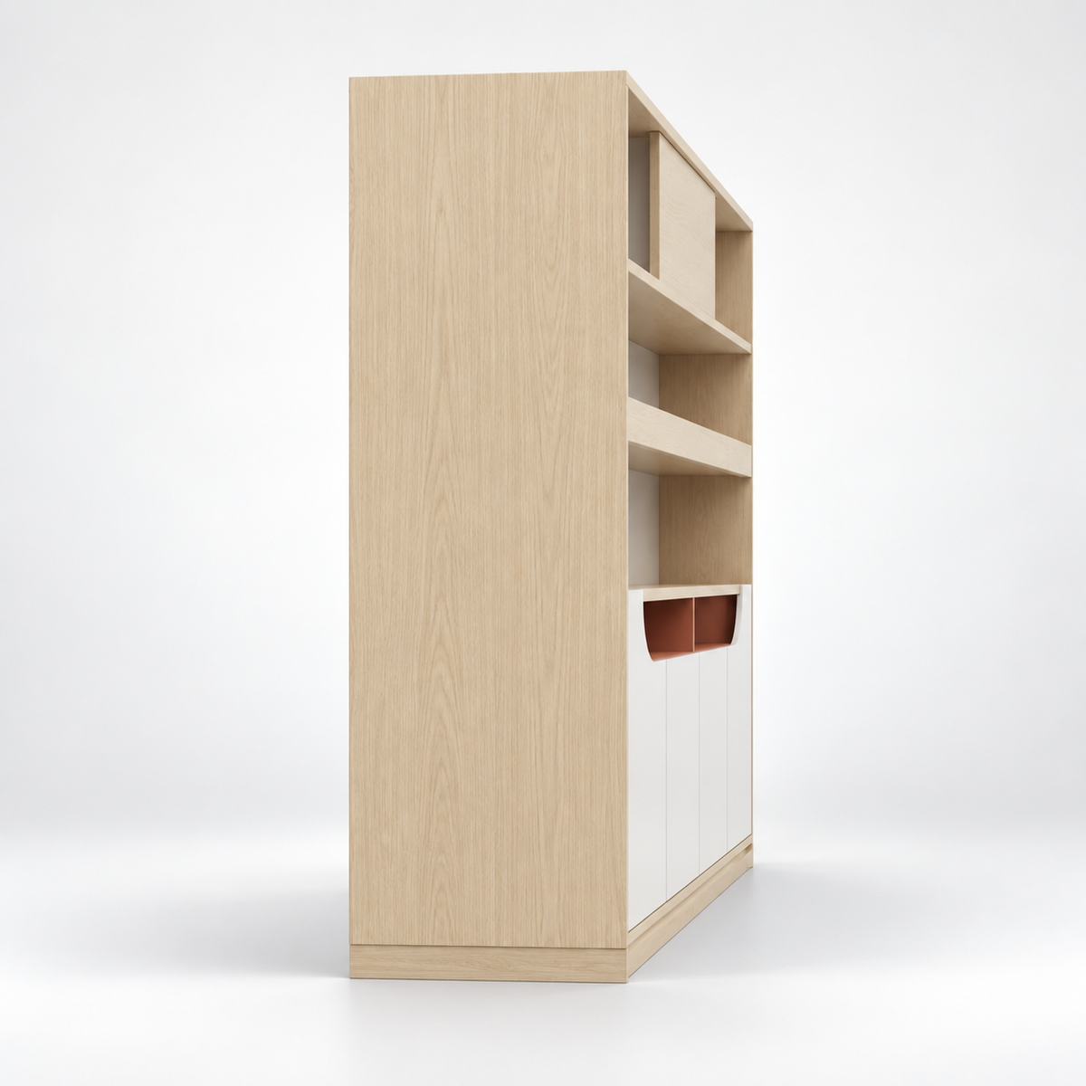 Modern Low-Height Office Display Cabinet with Open Shelves, Concealed Storage and Recessed Accent Niche for Contemporary Workspaces