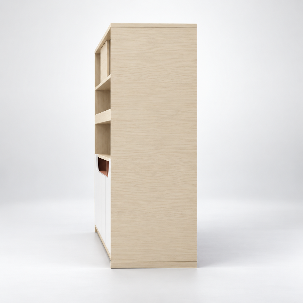 Modern Low-Height Office Display Cabinet with Open Shelves, Concealed Storage and Recessed Accent Niche for Contemporary Workspaces