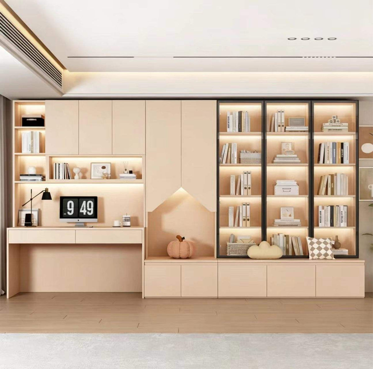 Modern Full-Wall Storage Cabinet with Glass Display Shelves, Study Desk, Concealed Compartments and Integrated Lighting